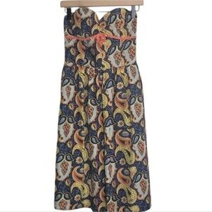 Phoebe Strapless Sweetheart Paisley Print Blue Silk Dress Size 6